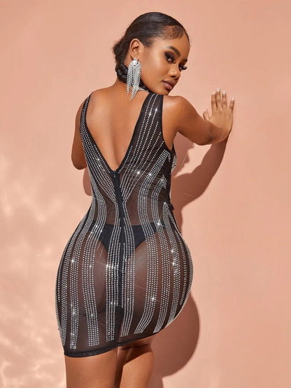 Chic Rhinestone Detail Plunging Neck Sheer Mesh Mini Dress – view 3