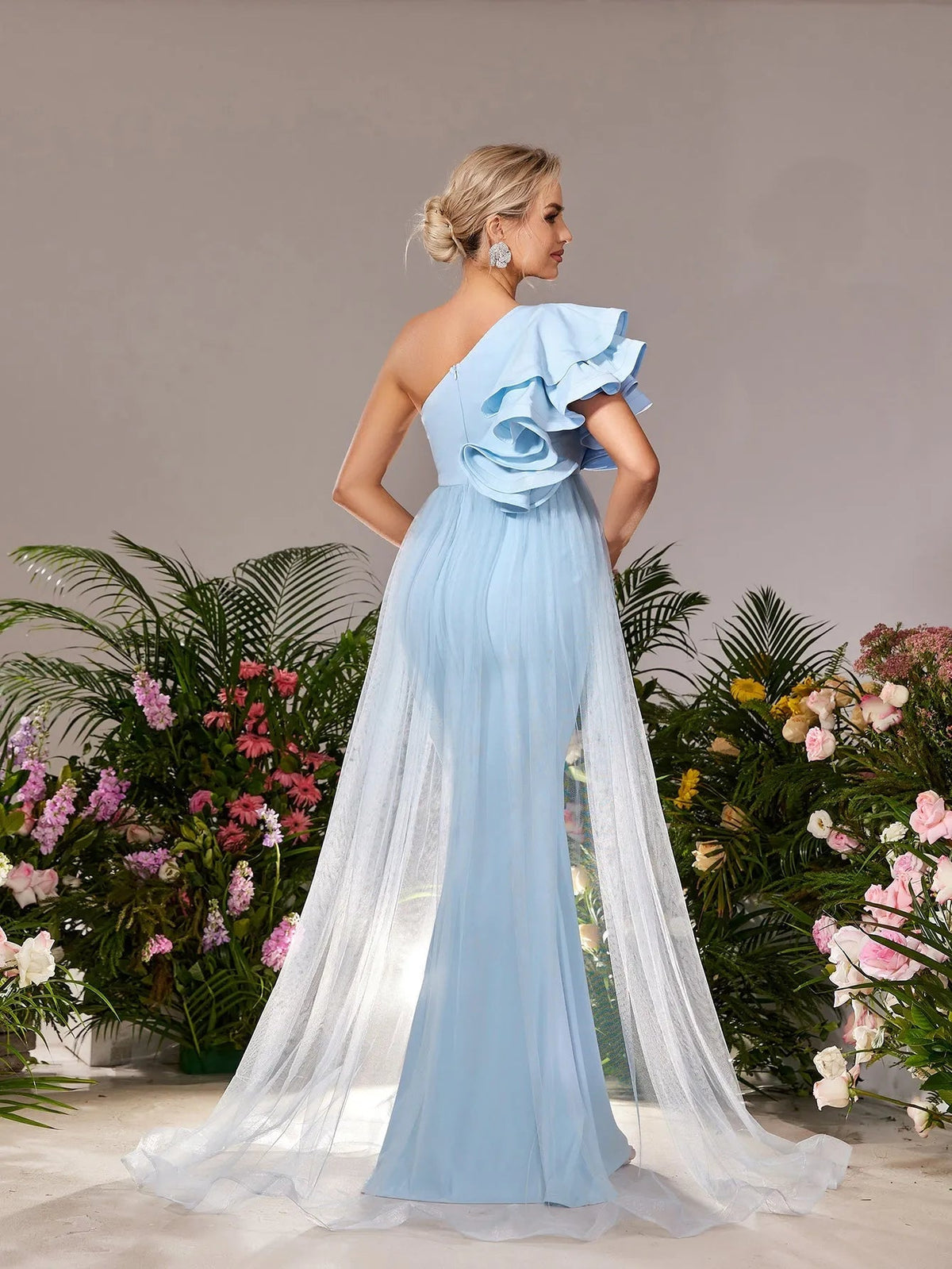 Additional product view of Mesh Overlay Ruffle Trim One-Shoulder Knit Mermaid Maternity Evening Dress