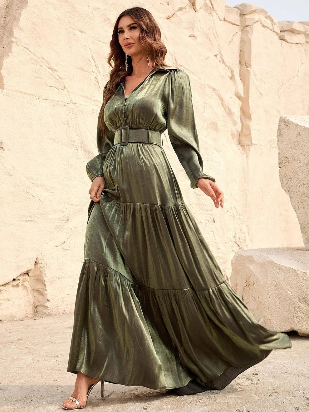 Belted Chiffon A-Line Long-Sleeve Maxi Evening Gown
