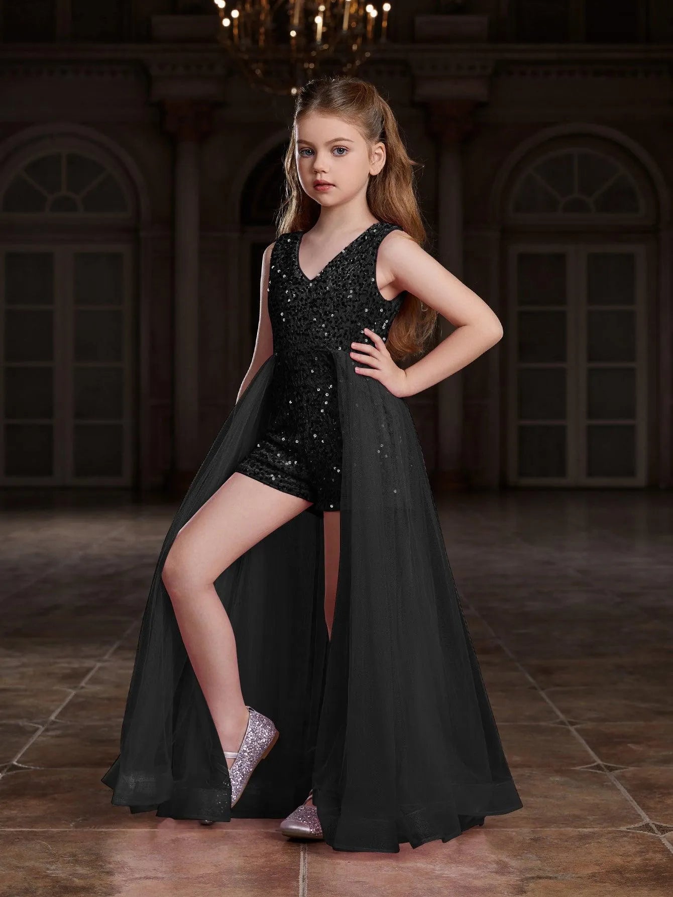 Additional product view of Mesh Overlay V-Neck Sequin Sleeveless Tween Girls' Formal Romper