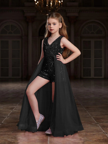 Additional product view of Mesh Overlay V-Neck Sequin Sleeveless Tween Girls' Formal Romper