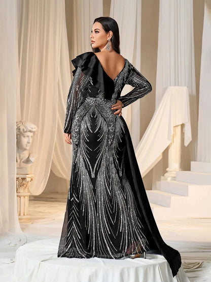 Plus Asymmetrical Ruffle Trim Mermaid Hem Graphic Sequin Formal Dress Evening Dress