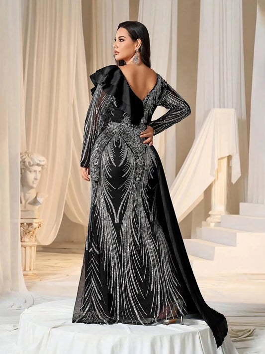 Plus Asymmetrical Ruffle Trim Mermaid Hem Graphic Sequin Formal Dress Evening Dress