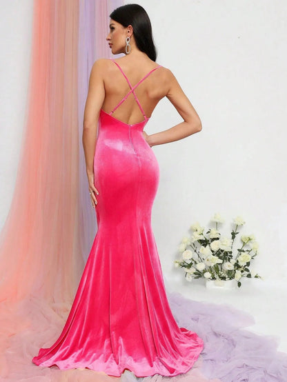 Additional product view of Cami Strap Velvet Backless Mermaid Sleeveless Evening Gown