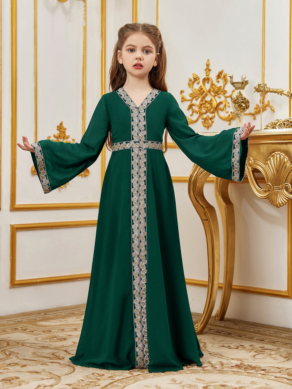 Tween Girls' Lace Trim Decoration V-neck Flare Sleeve Chiffon Party Dress — authorized product image 7