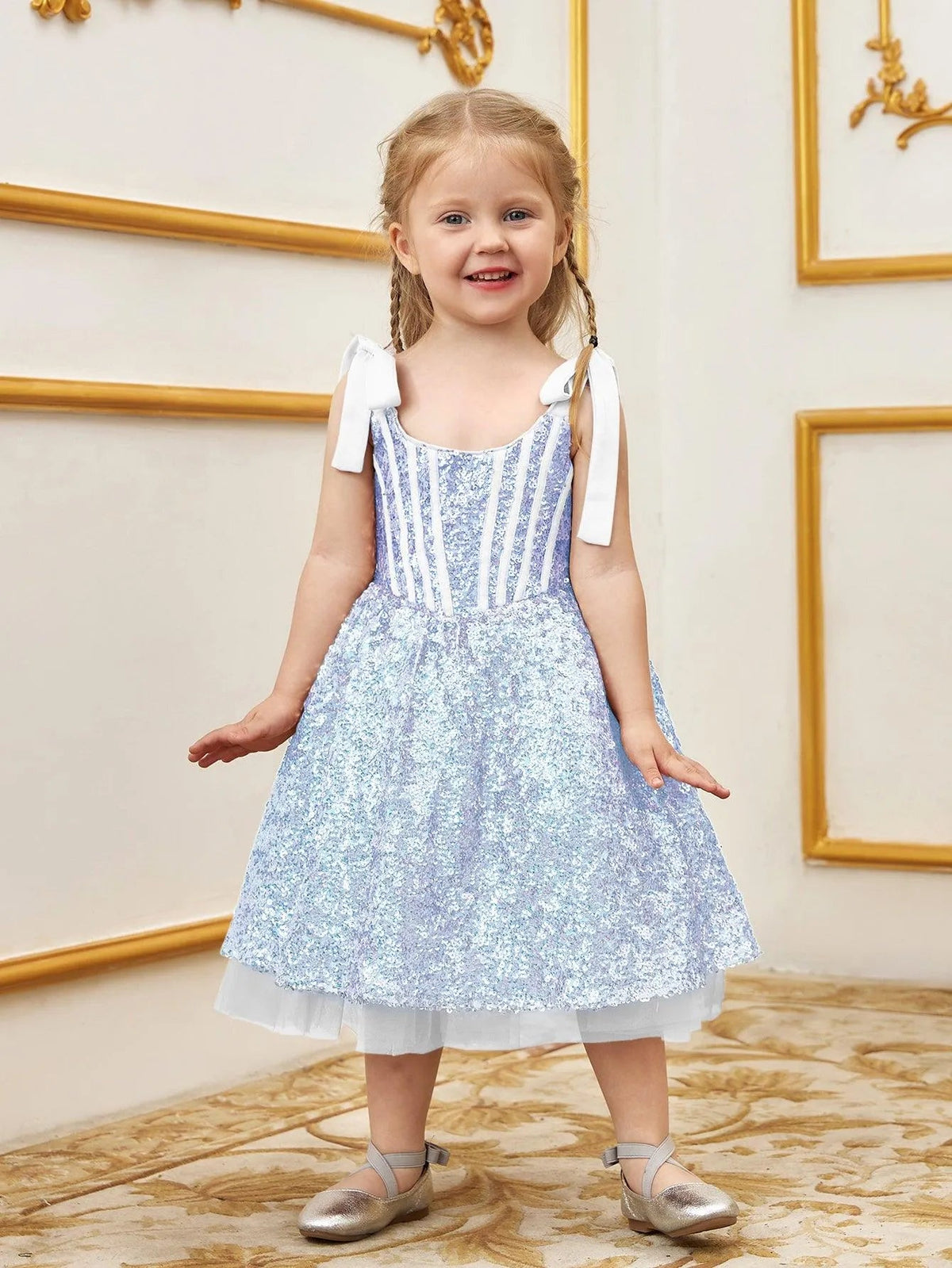 Alternate view of Cami Strap Sequin A-Line Sleeveless Midi Young Girls' Party Dress in White