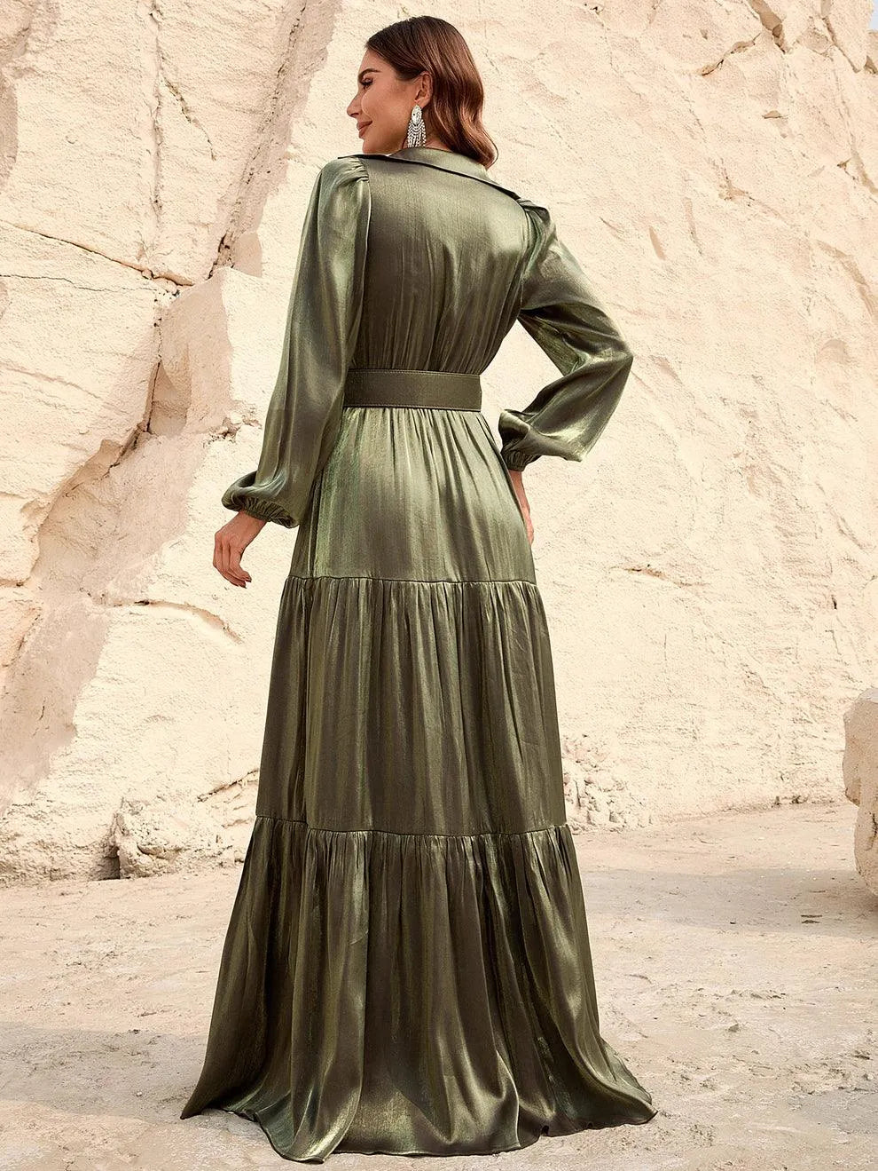 Additional product view of Belted Chiffon A-Line Long-Sleeve Maxi Evening Gown