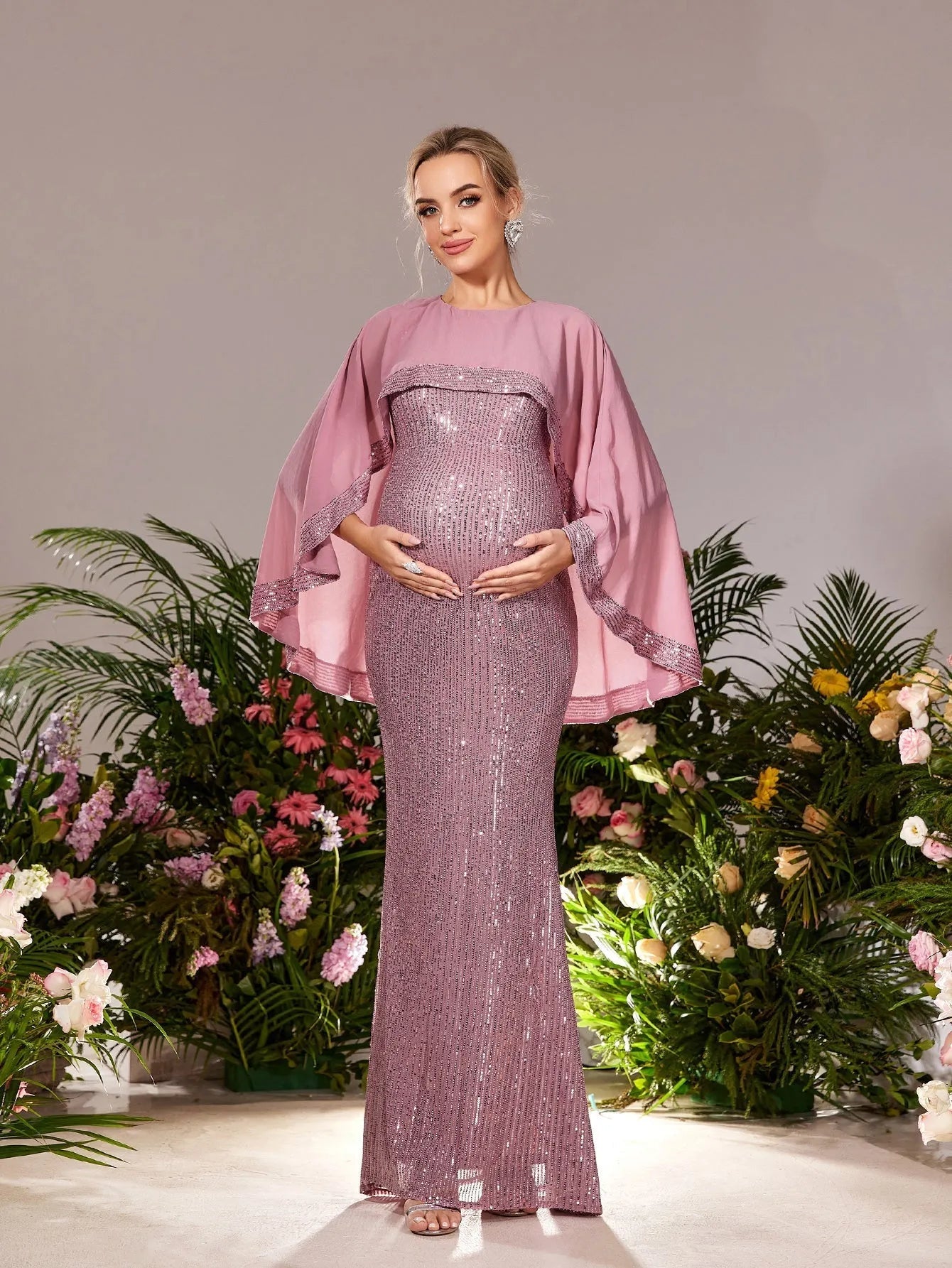 Maternity Round Neck Sequin Cape Mermaid Evening Gown — authorized product image 1