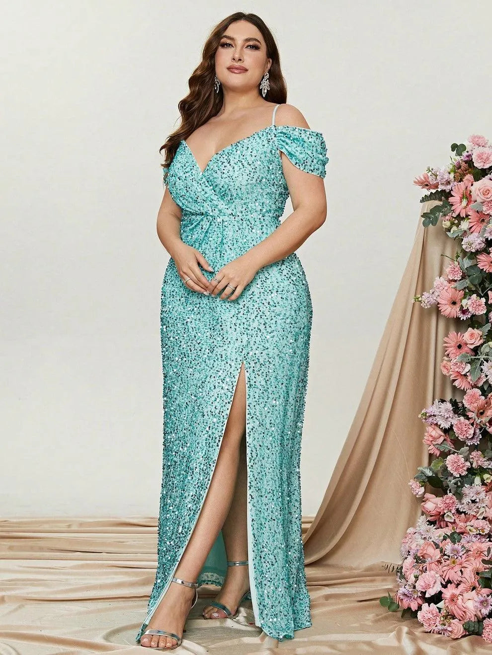 Plus Off Shoulder Short Sleeve Sequin Slit Party Dress
