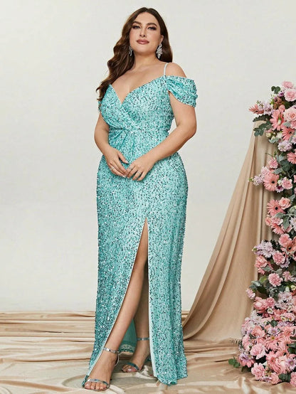 Plus Off Shoulder Short Sleeve Sequin Slit Party Dress