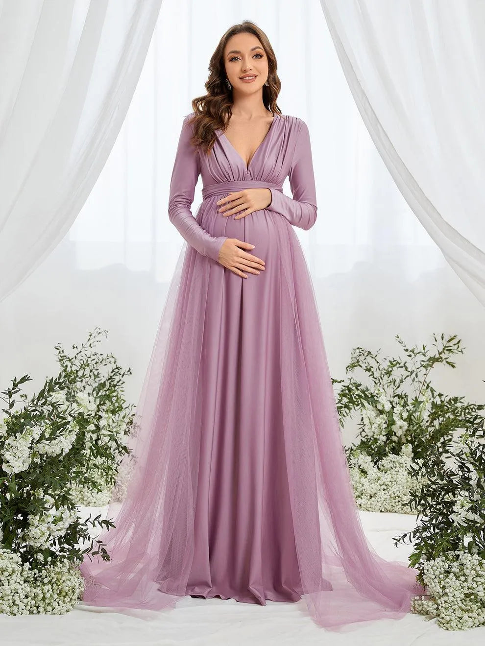 Additional product view of Contrast Mesh Plunging-Neck V-Neck Knit A-Line Maternity Evening Dress