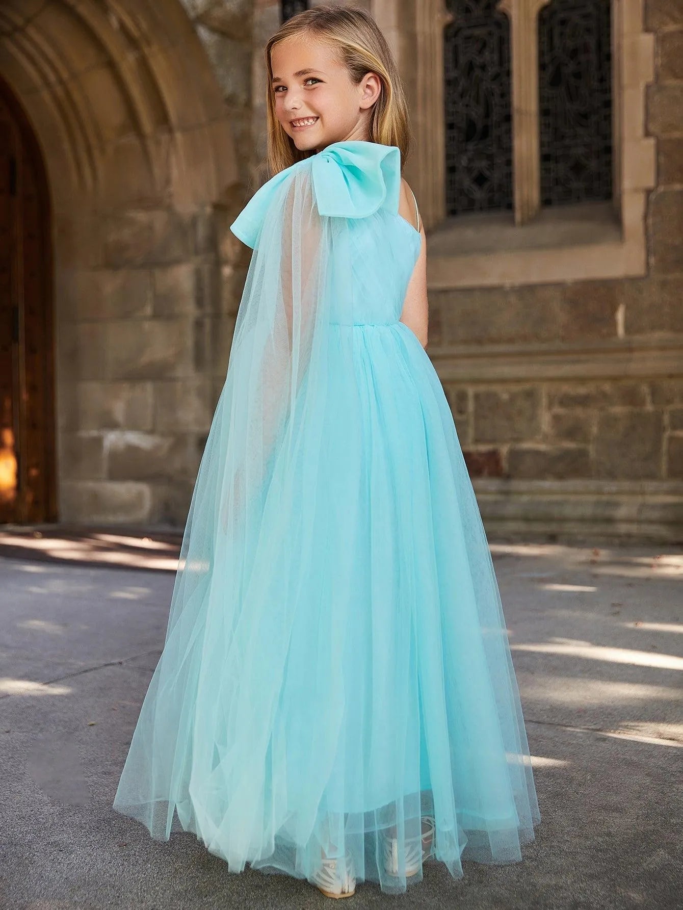 Tween Girls' One-Shoulder Tulle Sleeveless A-Line Formal Gown — authorized product image 2