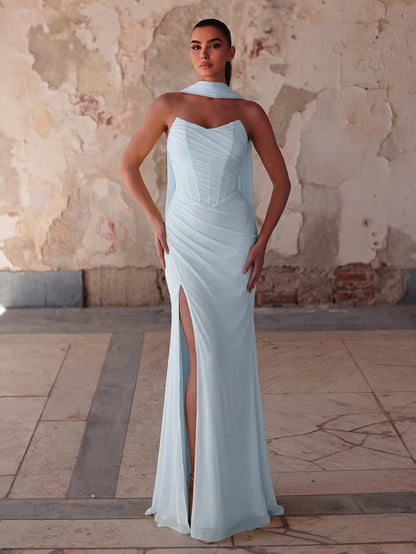 Alternate view of Lace-Up Back Strapless High-Slit Mermaid Sleeveless Evening Gown in Light Blue
