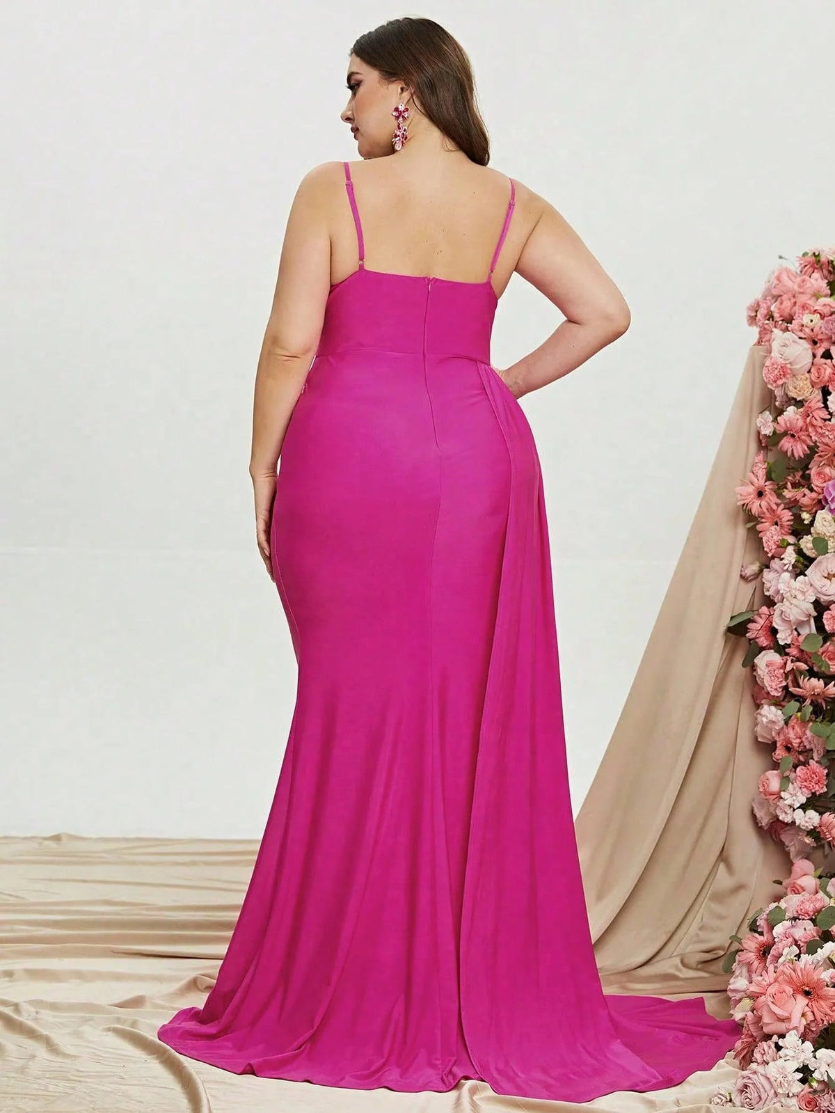 Additional product view of Draped Side Cami Strap Plus-Size Knit High-Slit Evening Gown