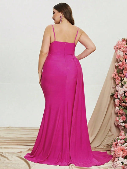 Additional product view of Draped Side Cami Strap Plus-Size Knit High-Slit Evening Gown