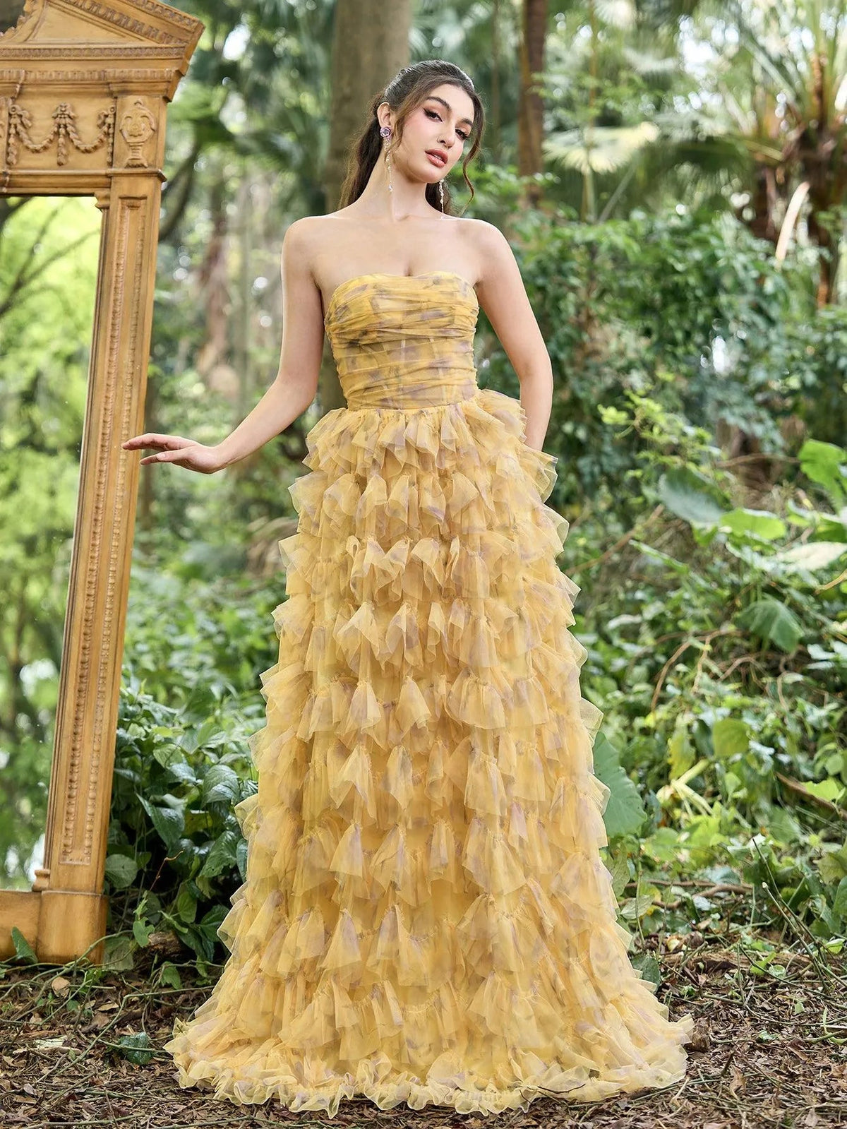 Ruffle Layered Hem Strapless Floral Tulle Prom Dress — authorized product image 1