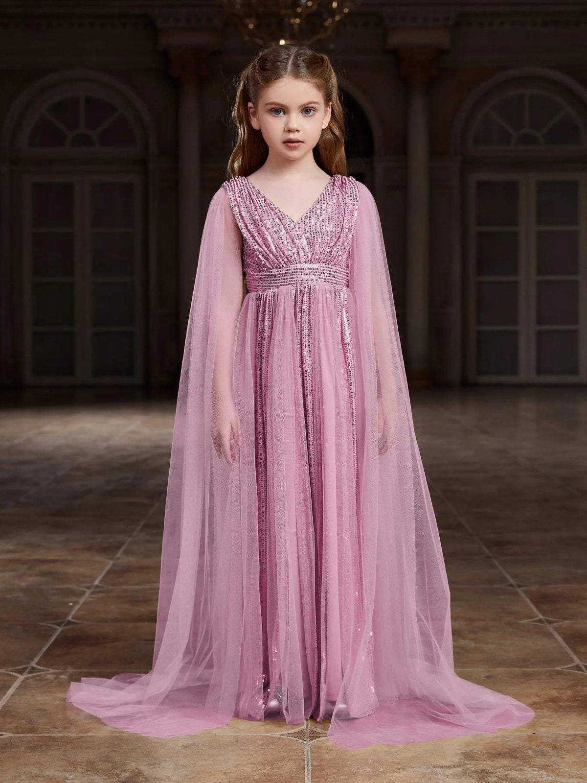 Additional product view of Contrast Mesh Cape-Sleeve V-Neck Sequin A-Line Tween Girls' Party Dress