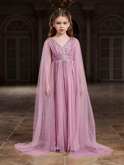Additional product view of Contrast Mesh Cape-Sleeve V-Neck Sequin A-Line Tween Girls' Party Dress