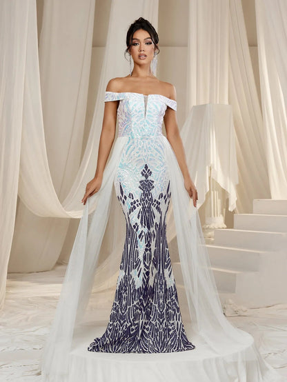 Off-Shoulder Mesh Overlay Mermaid Hem Graphic Sequin Formal Party Dress — authorized product image 3