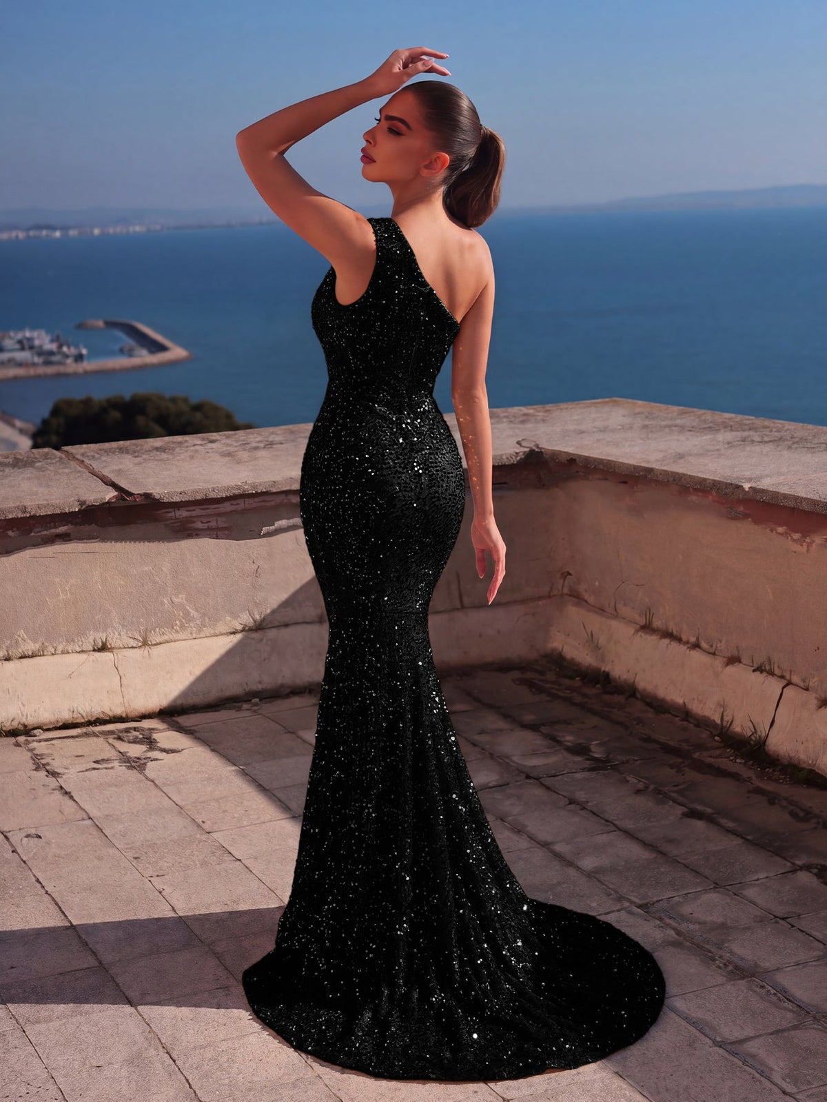 Additional product view of High-Slit Mermaid Hem One-Shoulder Sequin Sleeveless Evening Gown