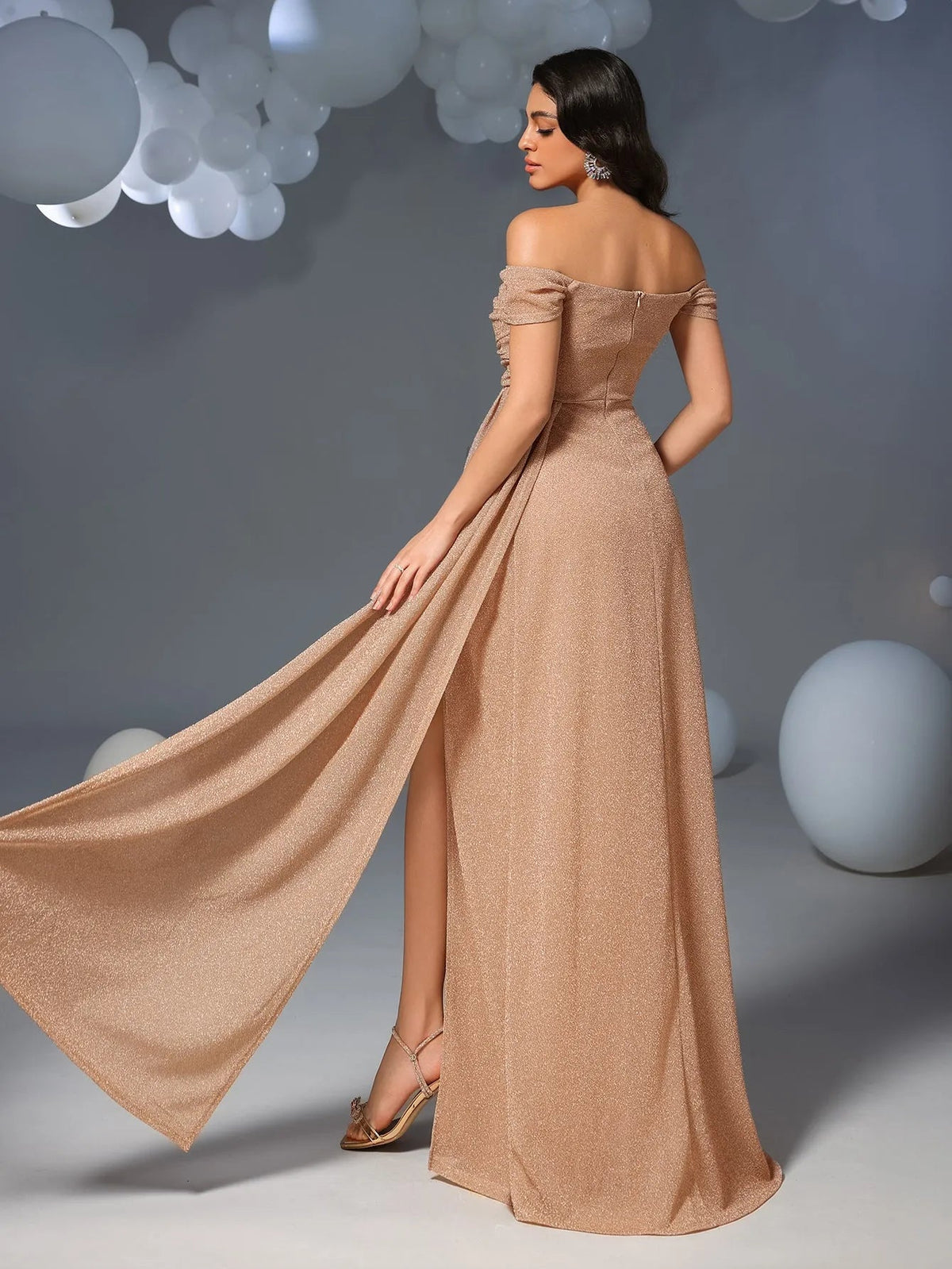 Additional product view of Draped Side High-Slit Off-Shoulder Mermaid Short-Sleeve Evening Gown