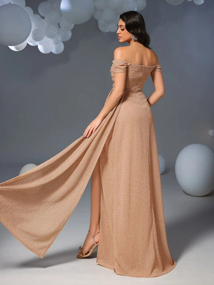 Additional product view of Draped Side High-Slit Off-Shoulder Mermaid Short-Sleeve Evening Gown