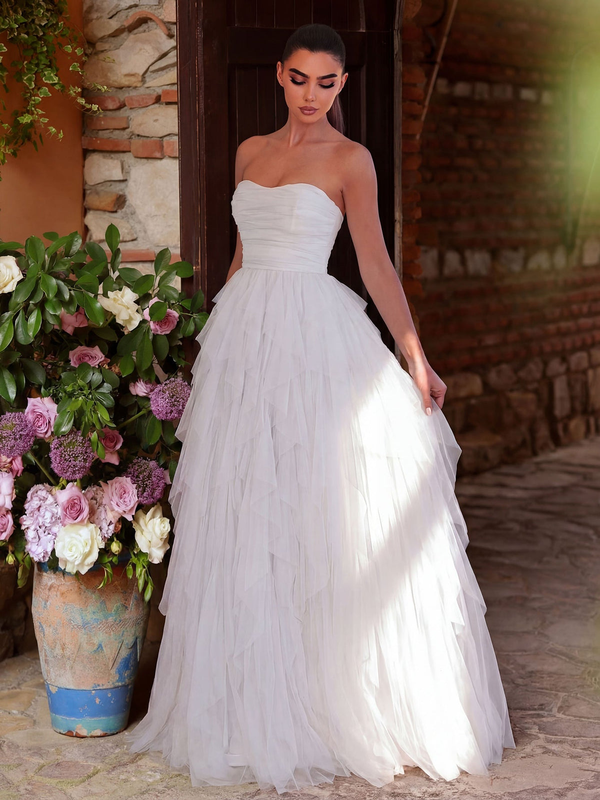 Elegant Strapless Mesh Overlay Formal Party Dress