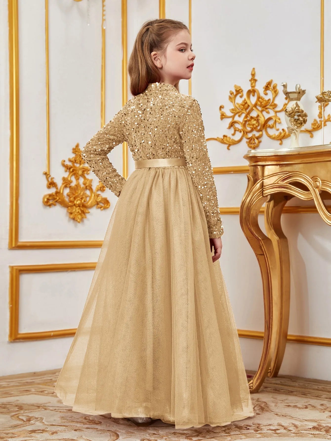 Additional product view of Bow Detail Mock-Neck Sequin A-Line Long-Sleeve Tween Girls' Party Dress