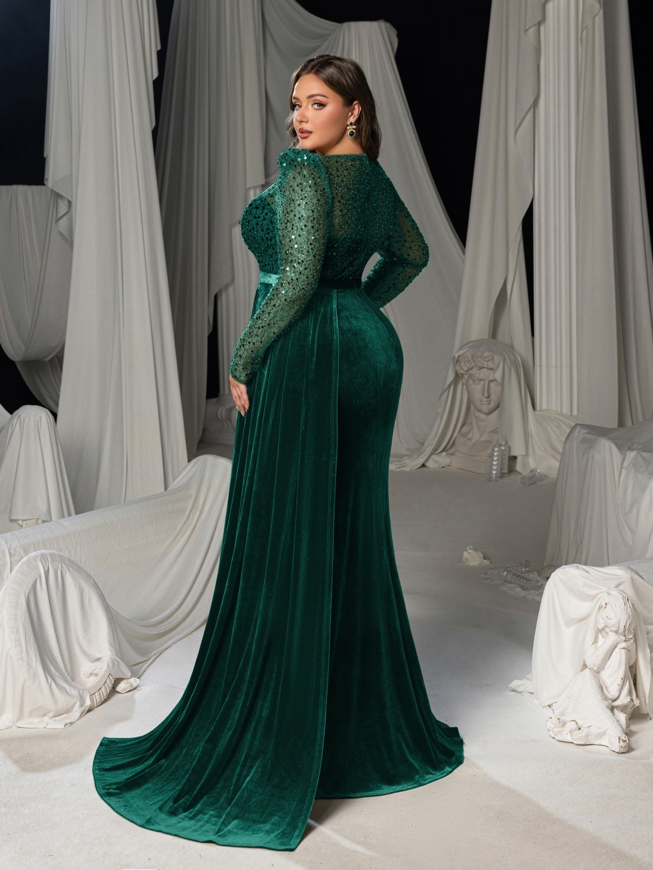 Plus Luxury Formal Gown with Sequin Bodice, Puffed Sleeves, Velvet High-Slit Skirt