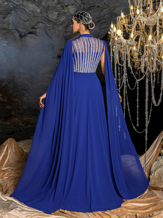 Elegant Chiffon Evening Gown with Beaded Sequin Embroidery Vertical Stripes, Cape-Style Sleeves, Flowy Skirt and Waist Belt Accent – view 2