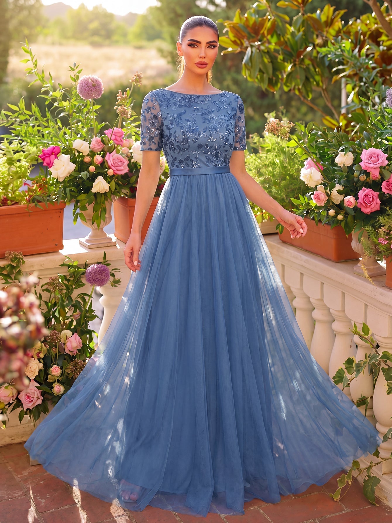 Elegant Sequin Bodice Contrast Mesh Hem Evening Dress