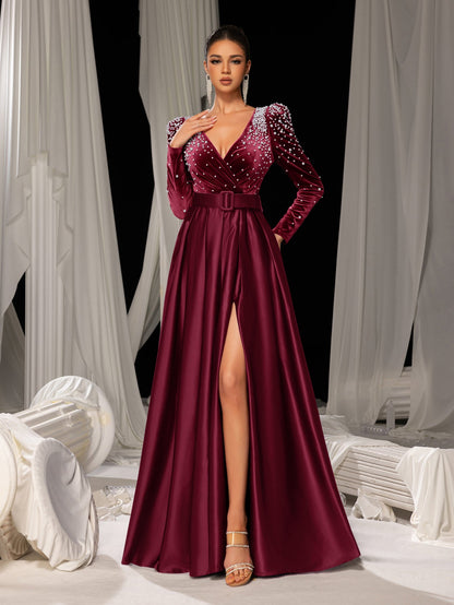 Elegant Evening Gown with Deep V-Neck & Side Slit – Luxurious Satin Gown for Red Carpet, Gala Dinners & High-End Events