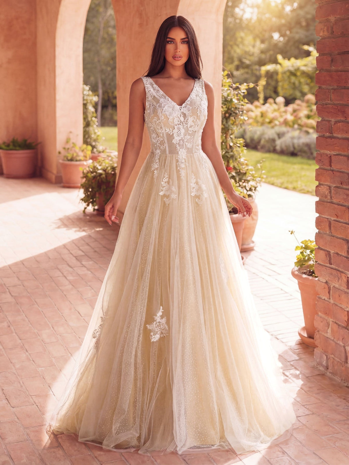 Plunging Lace Sleeveless A-Line Wedding Gown — authorized view 4