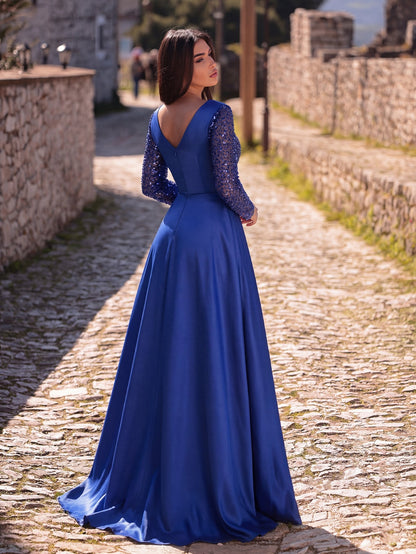 Sequin Evening Gown with Sheer Long Sleeves, Deep V-Neck & Back V-Cut | Elegant High Slit Formal Dress for Special Occasions