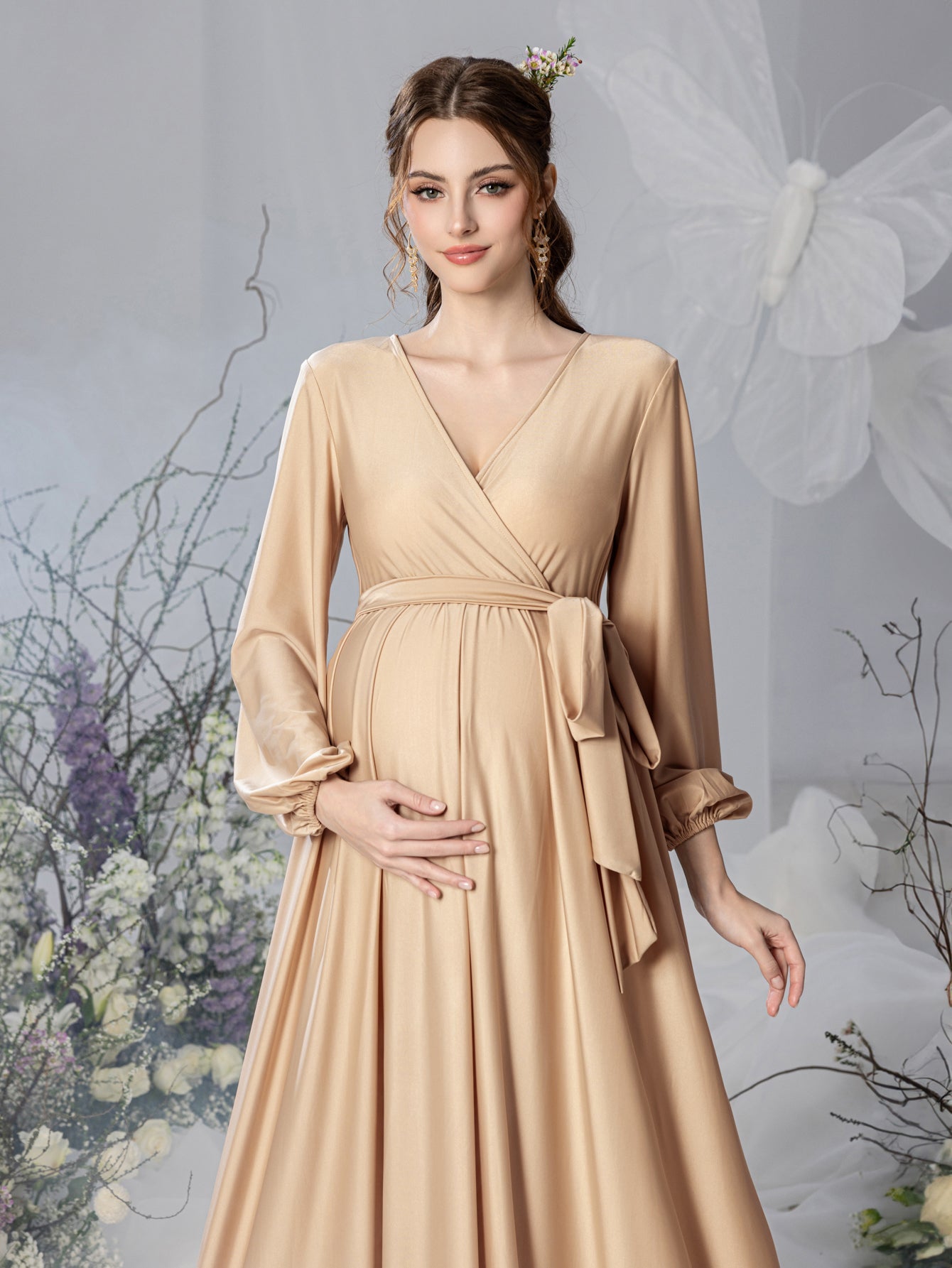 Maternity V-Neck Bow Long-Sleeve A-Line Evening Gown — authorized product image 6