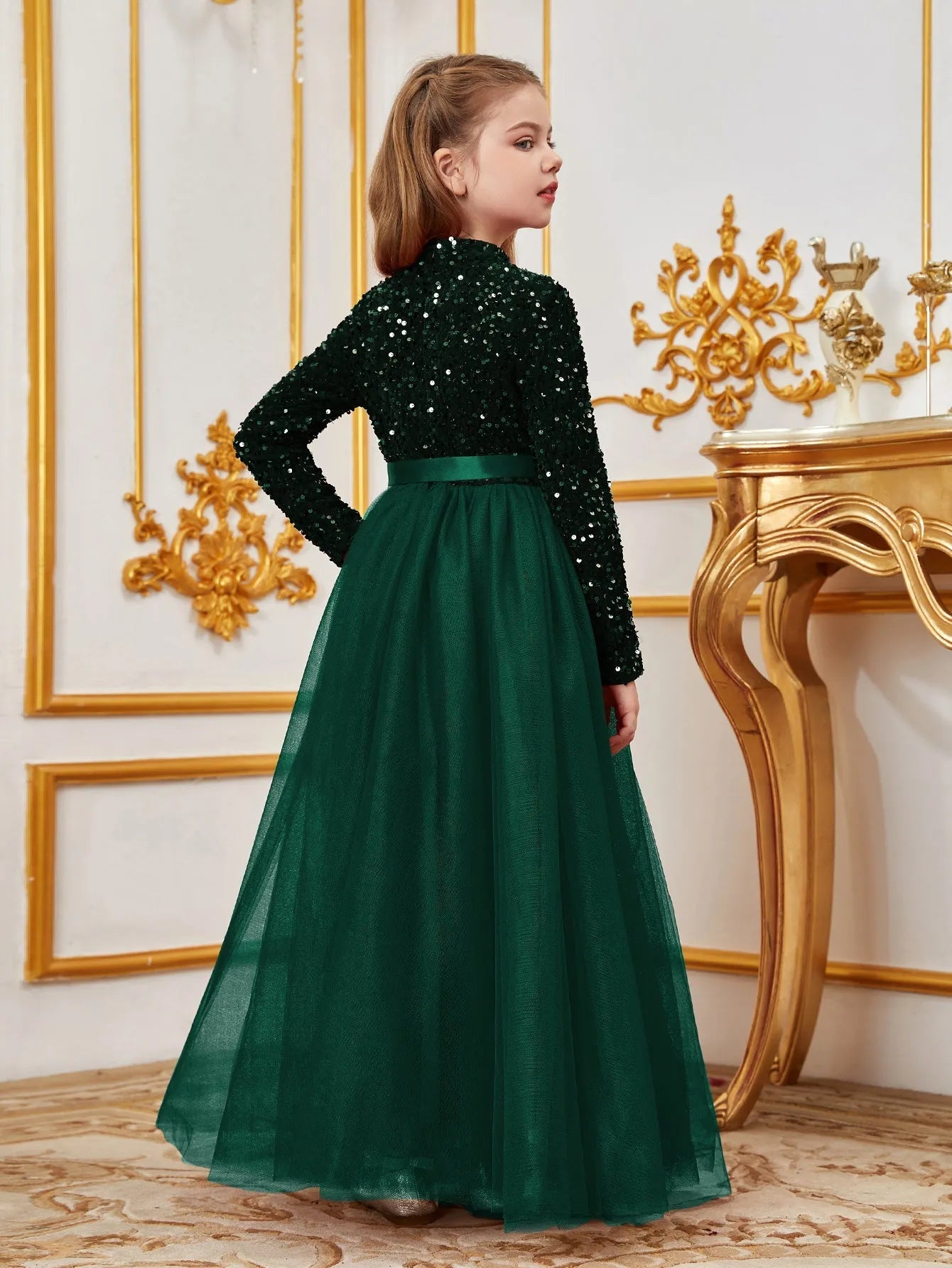 Additional product view of Bow Detail Mock-Neck Sequin A-Line Long-Sleeve Tween Girls' Party Dress