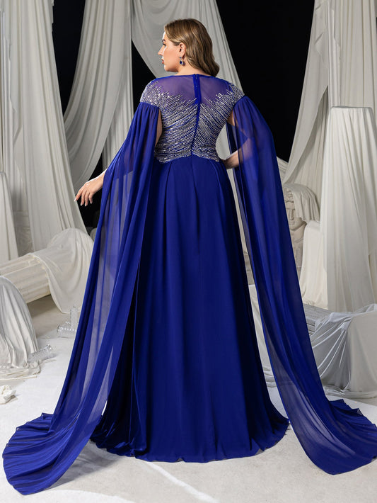 Additional view of Plus-Size Round Neck Sequin Cape A-Line Evening Gown