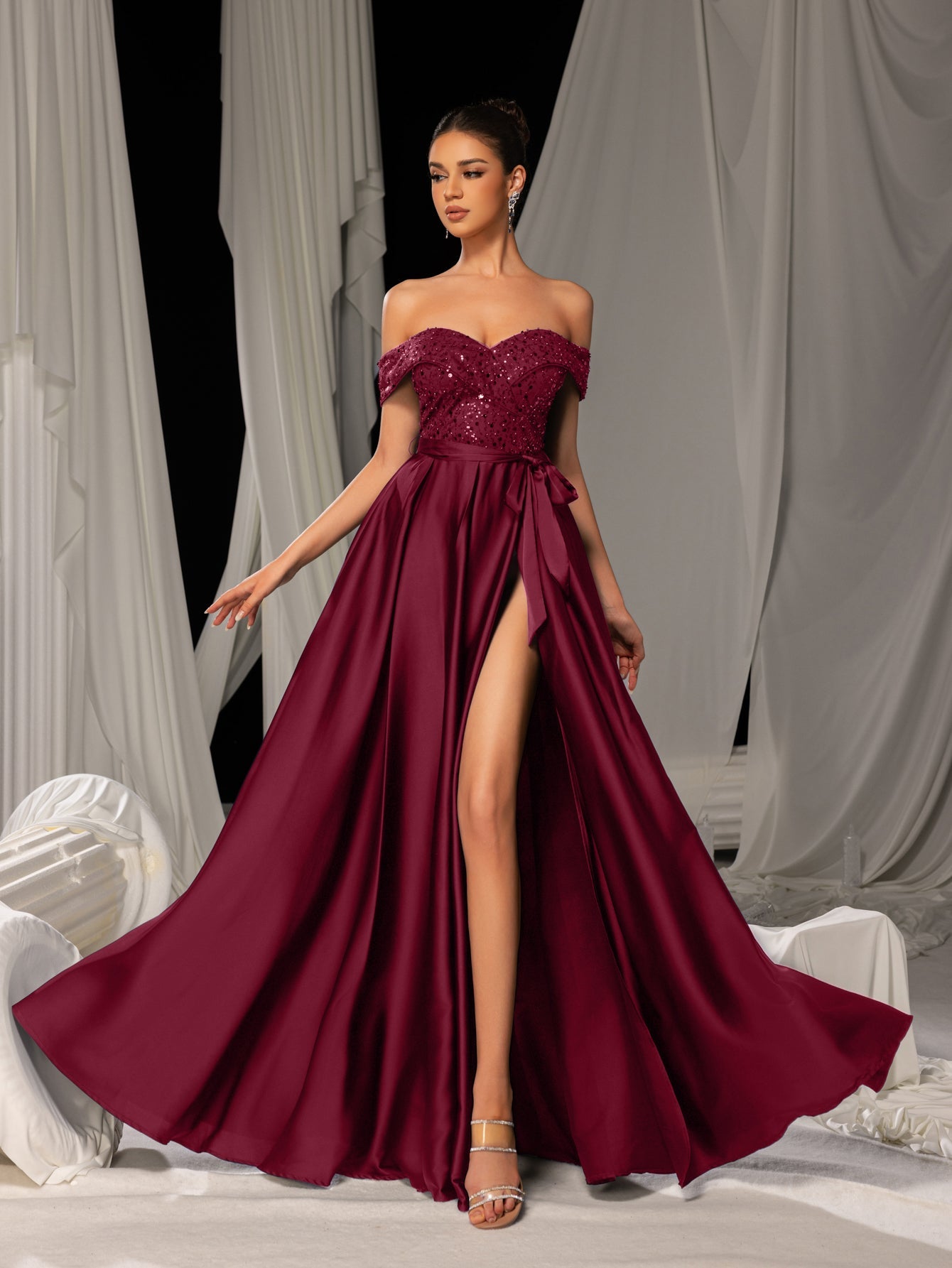 Elegant Off-Shoulder Evening Gown with Sequin Embellishments – High Slit Satin Skirt & Back Zipper for Luxury Weddings or Evening Glam, XS-XL