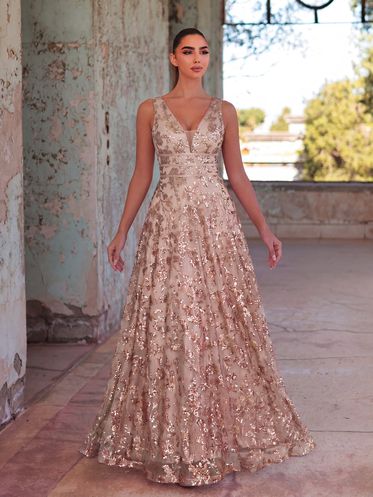 Plunging Neck Sleeveless Embroidered Sequin Dresses