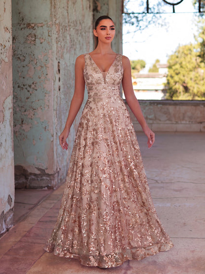 Plunging Neck Sleeveless Embroidered Sequin Dresses