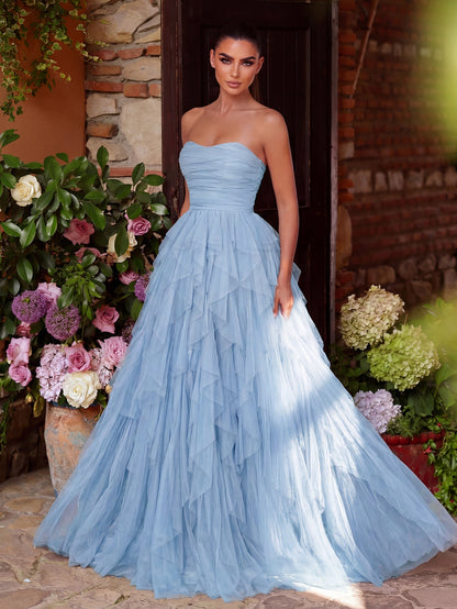Elegant Strapless Mesh Overlay Formal Party Dress