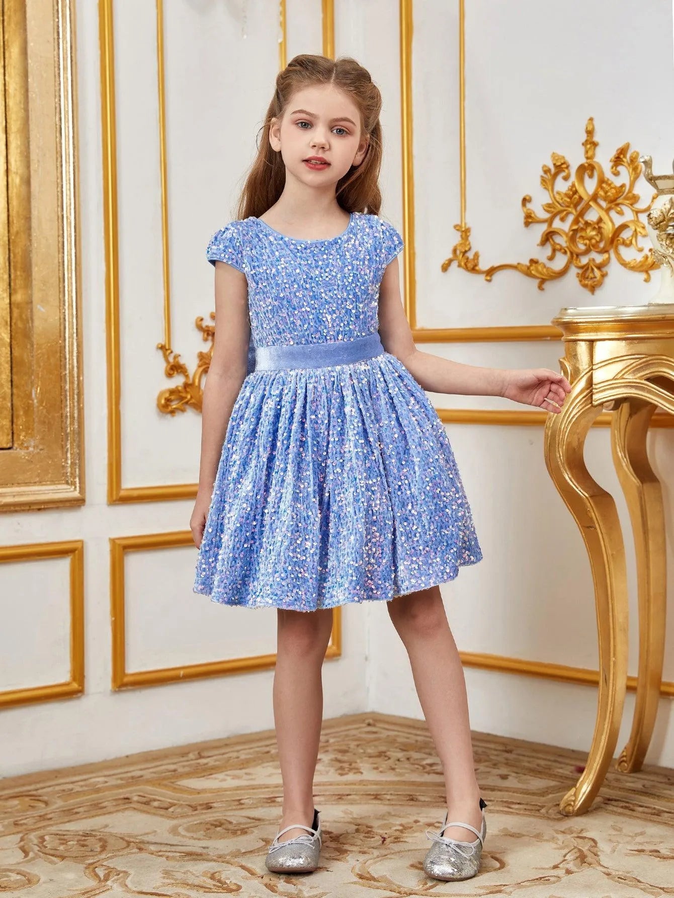 Additional product view of Bow-Back Sequin A-Line Short-Sleeve Midi Tween Girls' Party Dress