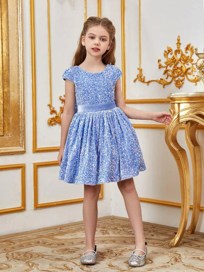 Additional product view of Bow-Back Sequin A-Line Short-Sleeve Midi Tween Girls' Party Dress