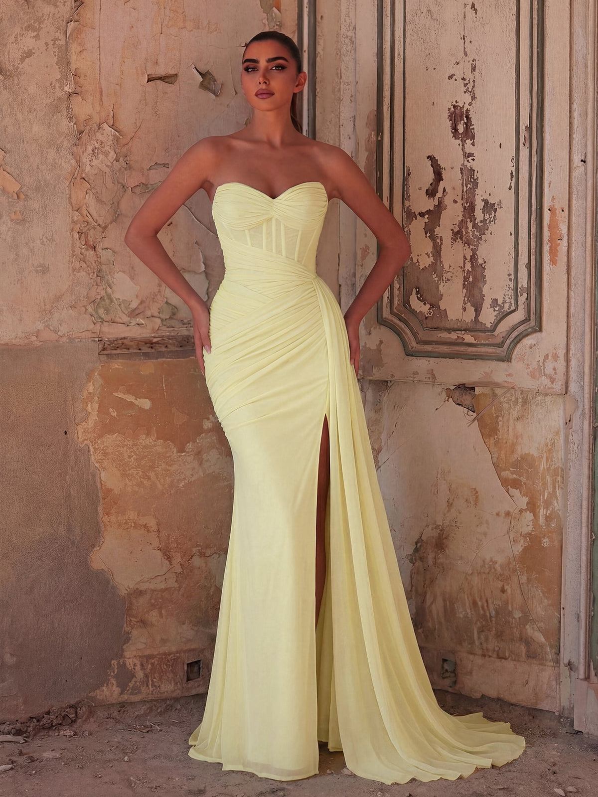 Elegant Strapless Sweetheart Neckline Mermaid Gown with Ruched Bodice, High Front Slit and Corset Back Lace-Up Detail | Evening Dress for Girls, Weddings, Formal Events