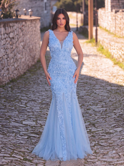 3D Floral Appliqué Tulle Maxi Dress | Halter Neck Mermaid Silhouette with Open Back & High Leg Slit | Evening Gown for Weddings, Parties, Prom