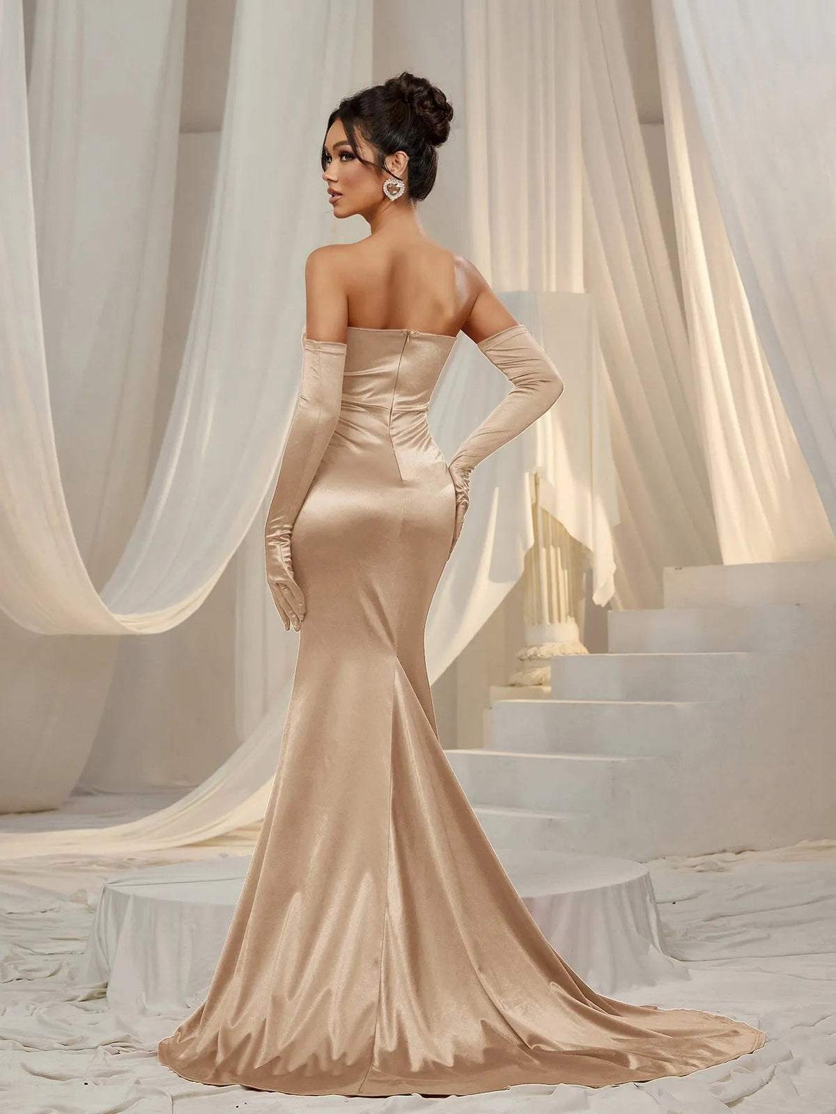 Additional product view of Ruched Wrap Gloves Included Strapless Satin High-Slit Evening Gown
