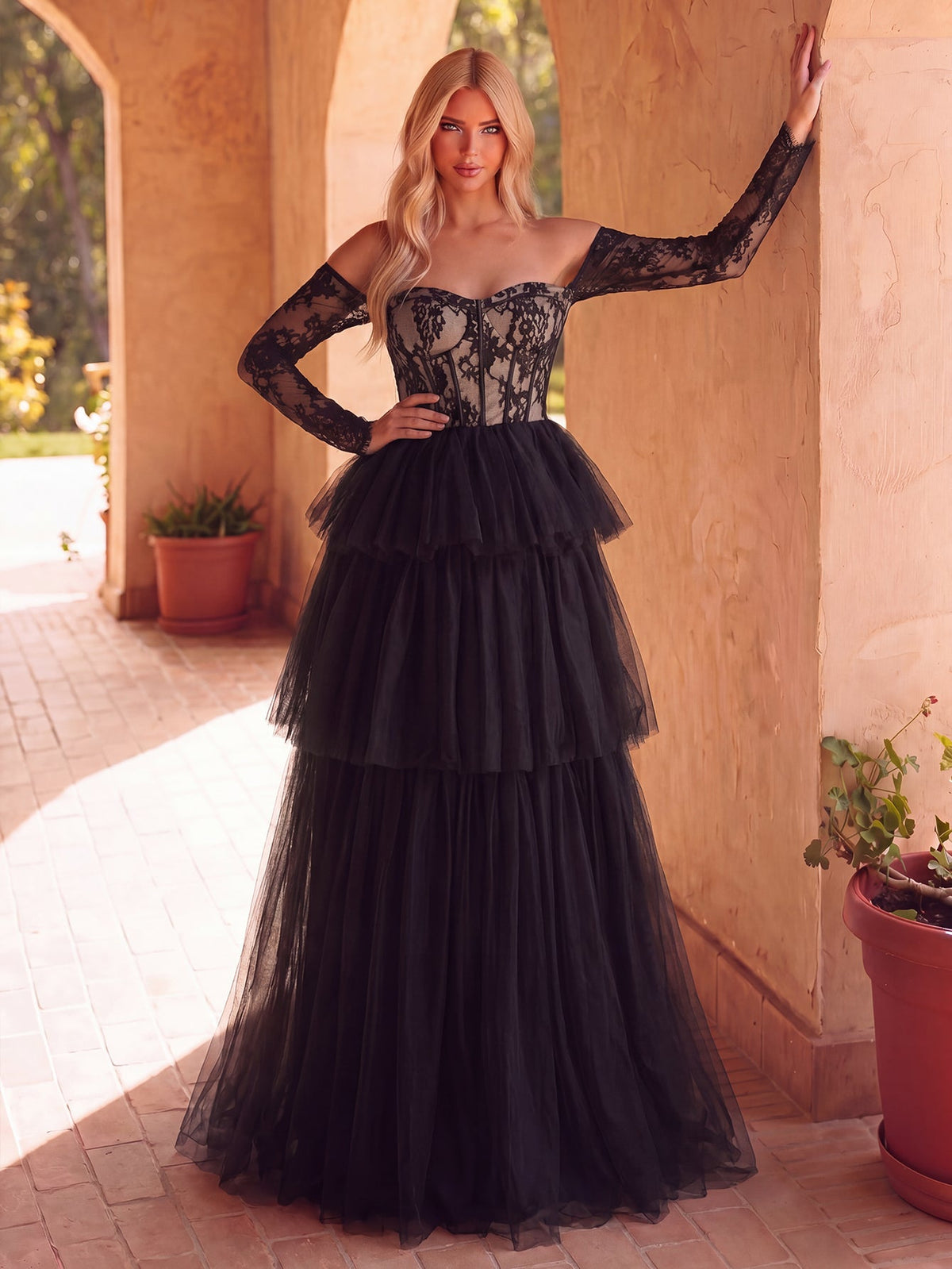 Off-Shoulder Lace Long-Sleeve A-Line Wedding Gown — authorized product image 1