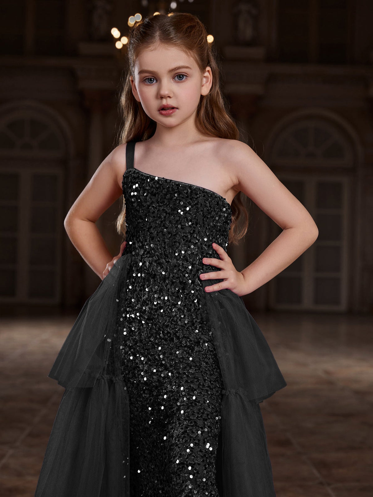 Tween Girls' One-Shoulder Sleeveless Contrast Mesh Sequin Dress — authorized product image 3