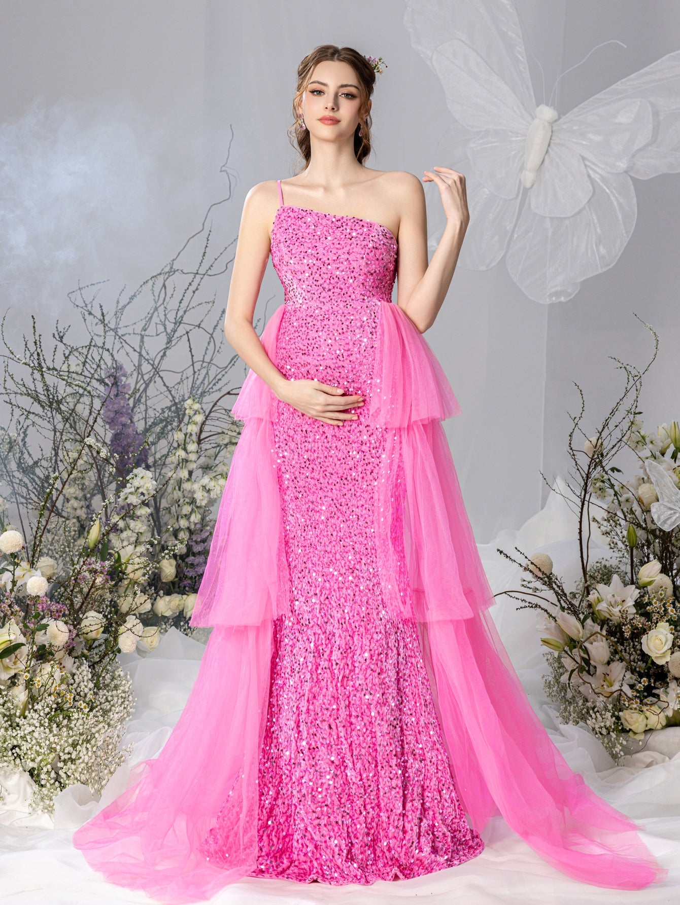 Maternity One-Shoulder Layered Mesh Overlay Sequin Party Dress – view 5
