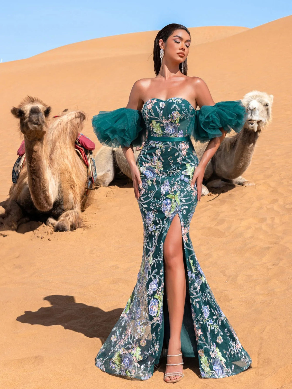Luxury Strapless Ruffle Sleeve Mermaid Hem Floral Beaded Seuqin Evening Dress — authorized product image 3